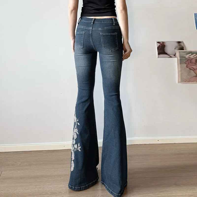 Street Style Icon: Vintage Y2K Flared Jeans - Baggy Low-Rise Denim with Hand-Embroidered Florals