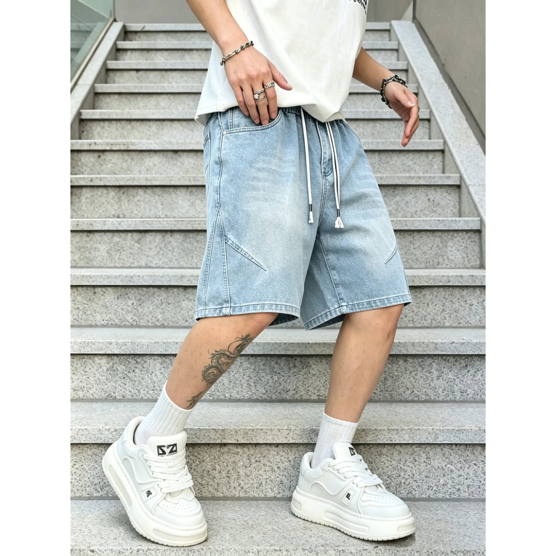 Menswear Baggy Jorts - Men'S Denim Shorts with Elastic Drawstring Waistband, Loose Fit, Knee-Length, plus Sizes, Casual Street Style for Spring Summer, Ideal for Workouts & Everyday Wear, Men'S Jorts, Oversize, Polyester, Clothes, Oversized