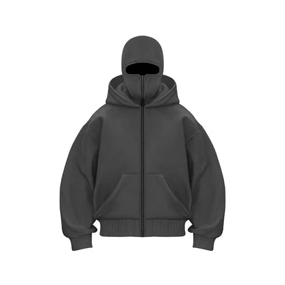 Men'S Double Hat Mask Zipper Design Winter Windproof Hoodie Sports Jacket Outdoor Activities Hiking Travel Running Sweatshirt ﻿