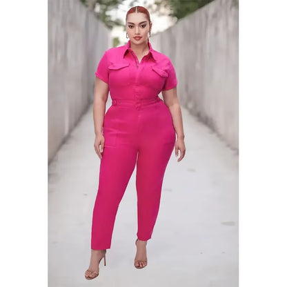 Fashion Jeans plus Size Denim Jump Suits for Women Slim Short Sleeve Turn down Collar Overalls Rompers Female One-Piece Pants