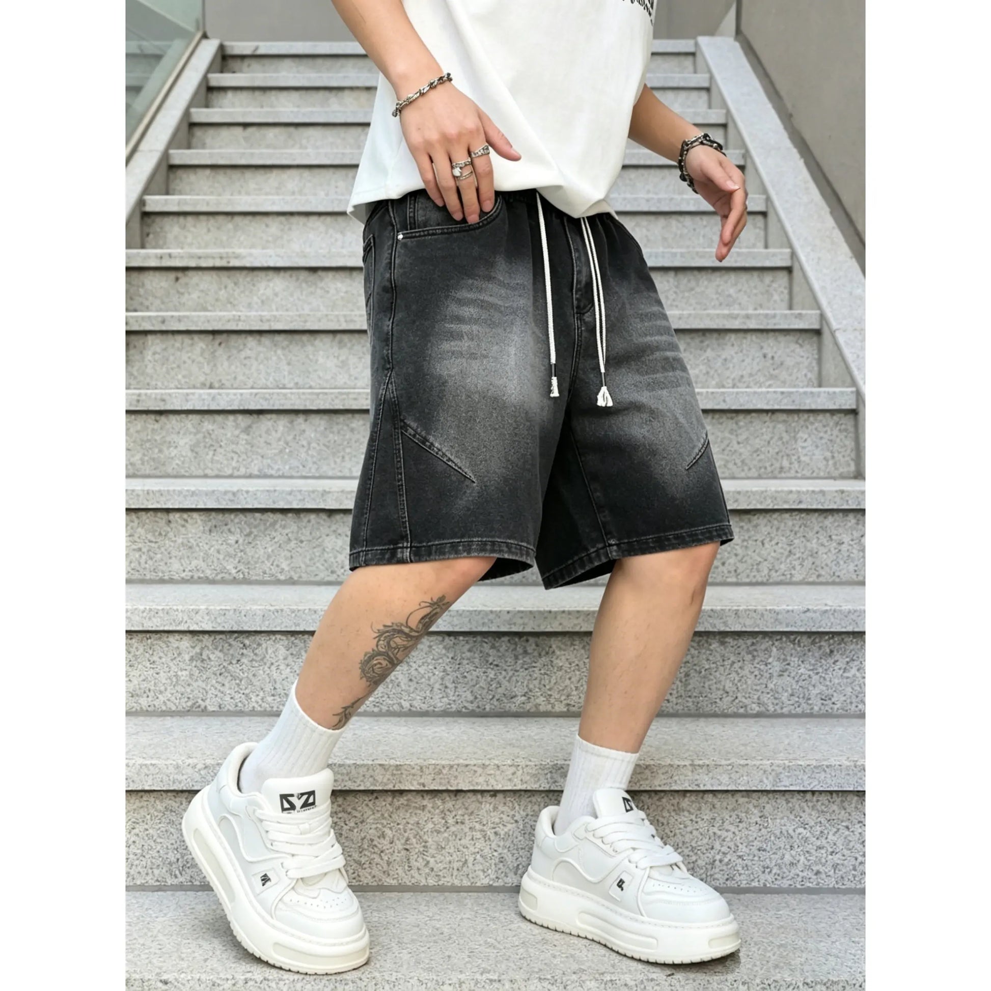 Menswear Baggy Jorts - Men'S Denim Shorts with Elastic Drawstring Waistband, Loose Fit, Knee-Length, plus Sizes, Casual Street Style for Spring Summer, Ideal for Workouts & Everyday Wear, Men'S Jorts, Oversize, Polyester, Clothes, Oversized