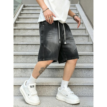 Menswear Baggy Jorts - Men'S Denim Shorts with Elastic Drawstring Waistband, Loose Fit, Knee-Length, plus Sizes, Casual Street Style for Spring Summer, Ideal for Workouts & Everyday Wear, Men'S Jorts, Oversize, Polyester, Clothes, Oversized