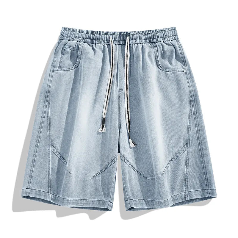 Menswear Baggy Jorts - Men'S Denim Shorts with Elastic Drawstring Waistband, Loose Fit, Knee-Length, plus Sizes, Casual Street Style for Spring Summer, Ideal for Workouts & Everyday Wear, Men'S Jorts, Oversize, Polyester, Clothes, Oversized