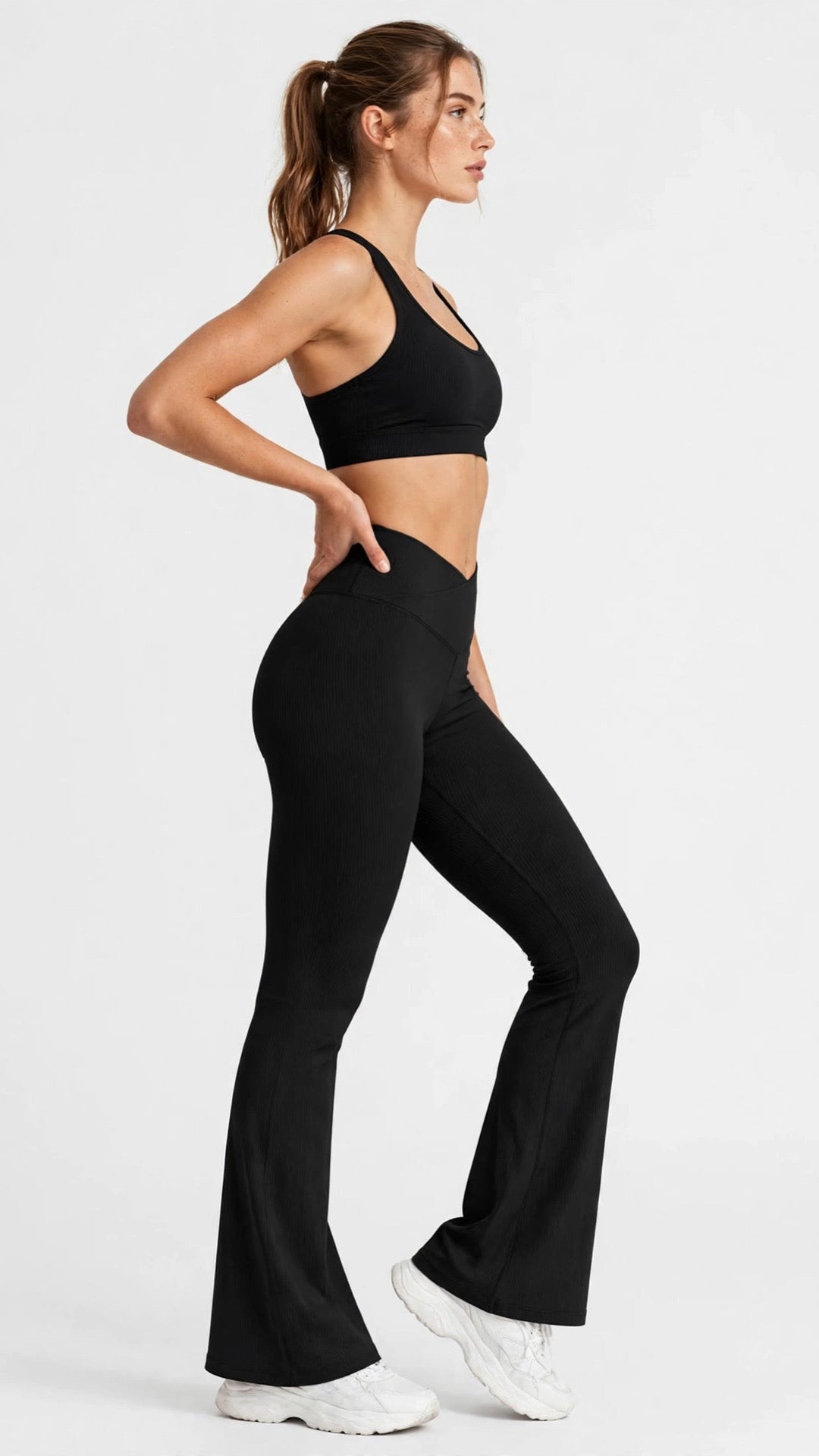 High-Waisted Ribbed Flare Leggings – Sculpted Bootcut Yoga Trousers