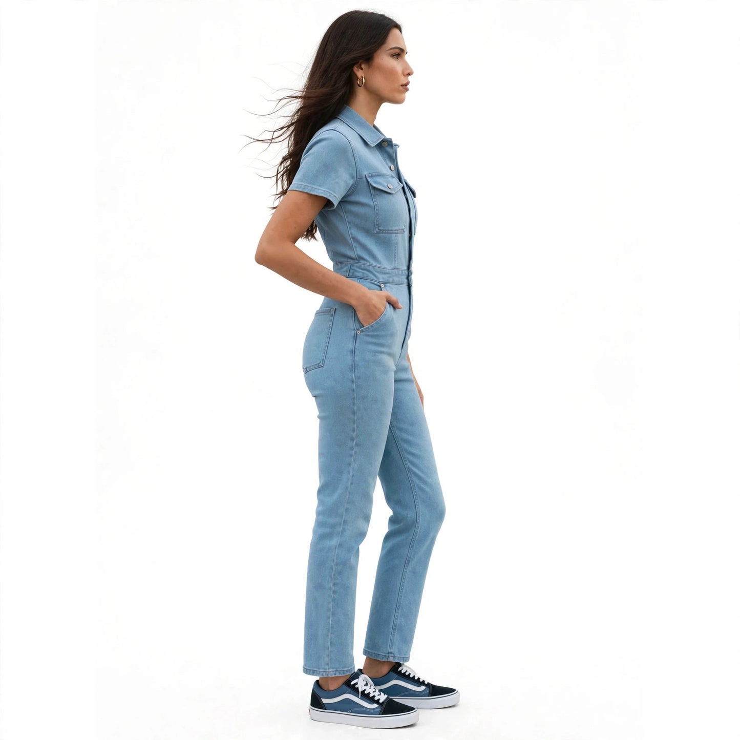 "Women's Plus Size Denim Jumpsuit - Slim Fit Short Sleeve Overall with Classic Collar"