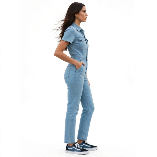 "Women's Plus Size Denim Jumpsuit - Slim Fit Short Sleeve Overall with Classic Collar"