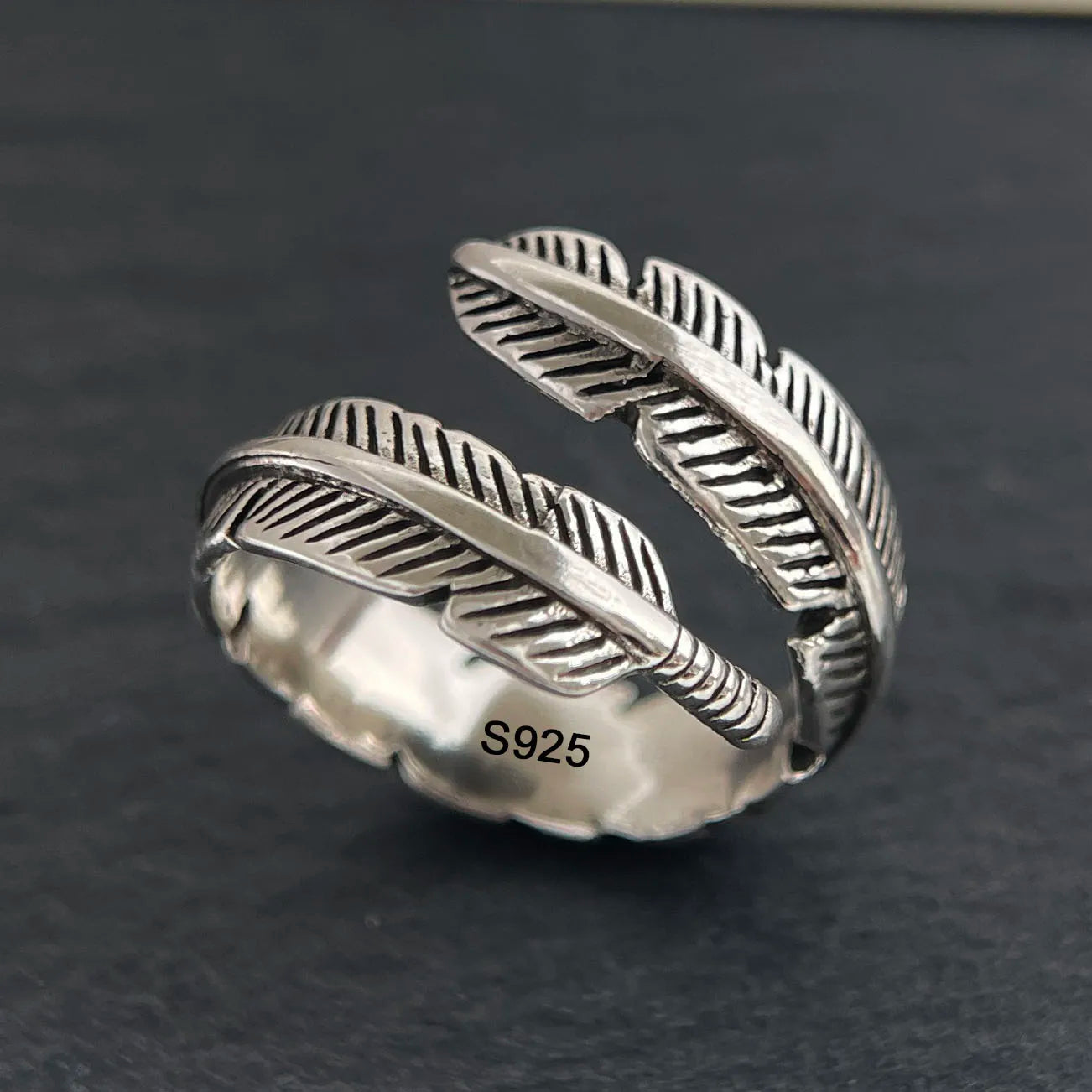 925 Sterling Silver Rings for Women Men Wide Vintage Feather Open Ring for Birthday Party Gift