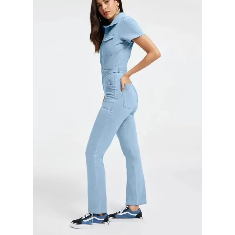 Fashion Jeans plus Size Denim Jump Suits for Women Slim Short Sleeve Turn down Collar Overalls Rompers Female One-Piece Pants