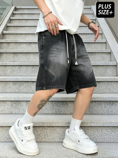 Menswear Baggy Jorts - Men'S Denim Shorts with Elastic Drawstring Waistband, Loose Fit, Knee-Length, plus Sizes, Casual Street Style for Spring Summer, Ideal for Workouts & Everyday Wear, Men'S Jorts, Oversize, Polyester, Clothes, Oversized