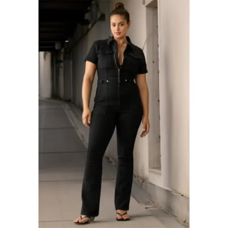 Fashion Jeans plus Size Denim Jump Suits for Women Slim Short Sleeve Turn down Collar Overalls Rompers Female One-Piece Pants