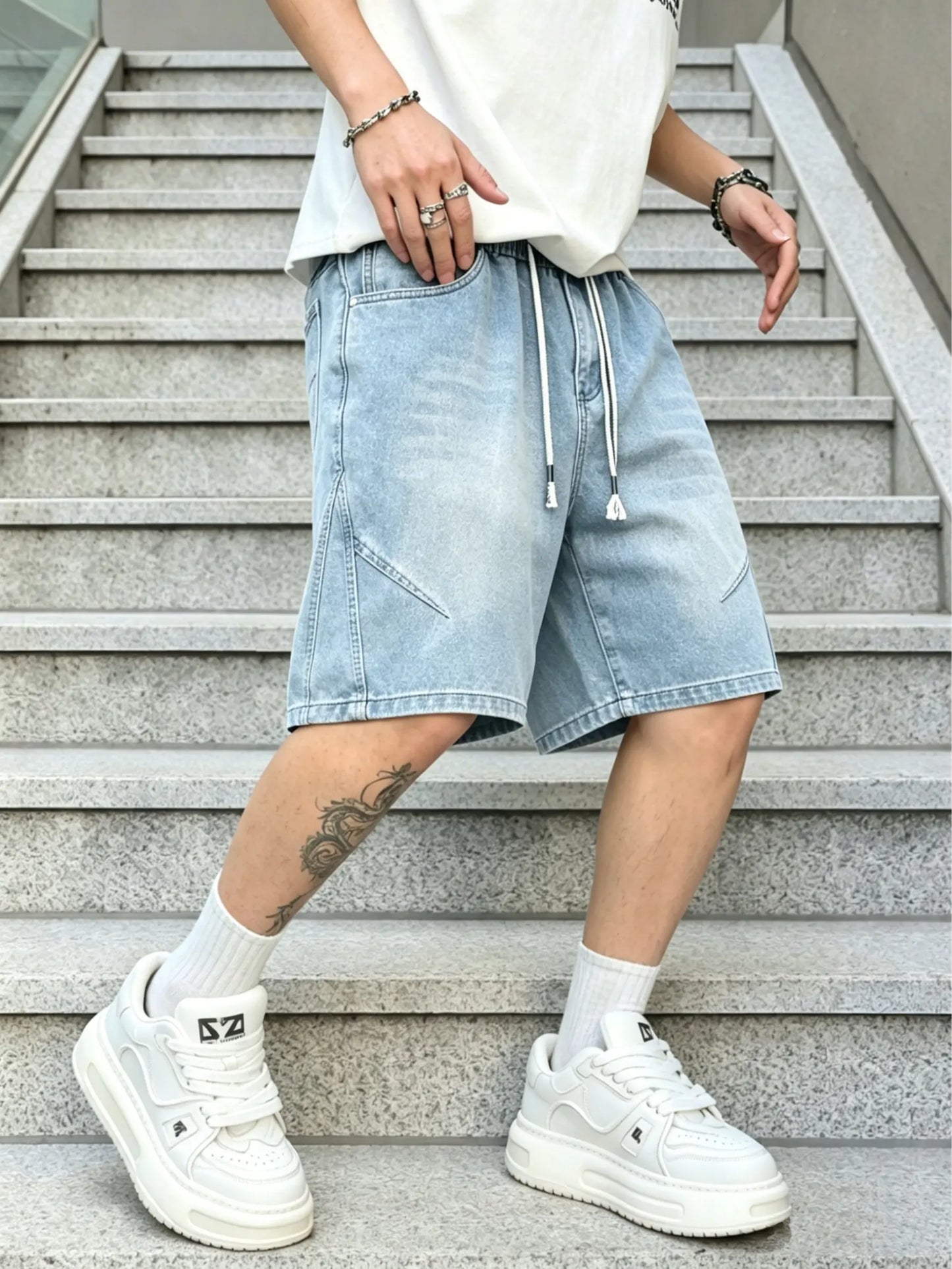 Menswear Baggy Jorts - Men'S Denim Shorts with Elastic Drawstring Waistband, Loose Fit, Knee-Length, plus Sizes, Casual Street Style for Spring Summer, Ideal for Workouts & Everyday Wear, Men'S Jorts, Oversize, Polyester, Clothes, Oversized