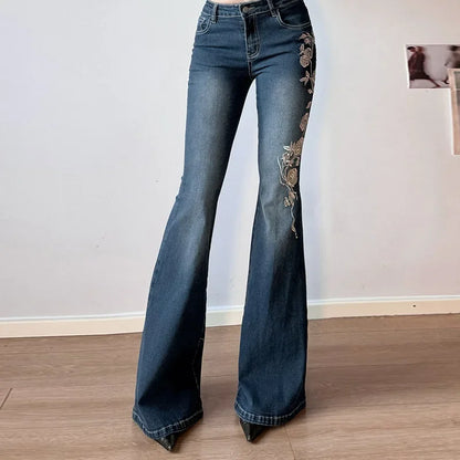 Street Style Icon: Vintage Y2K Flared Jeans - Baggy Low-Rise Denim with Hand-Embroidered Florals