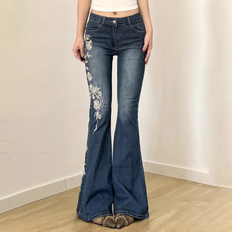 Street Style Icon: Vintage Y2K Flared Jeans - Baggy Low-Rise Denim with Hand-Embroidered Florals