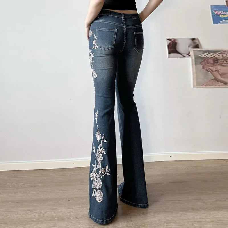 Street Style Icon: Vintage Y2K Flared Jeans - Baggy Low-Rise Denim with Hand-Embroidered Florals