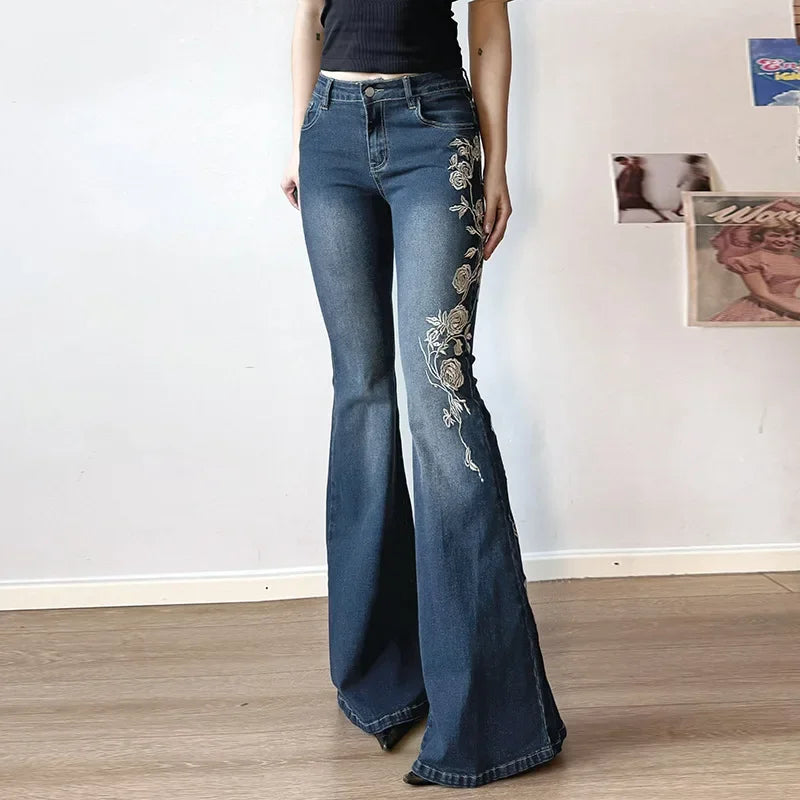 Street Style Icon: Vintage Y2K Flared Jeans - Baggy Low-Rise Denim with Hand-Embroidered Florals
