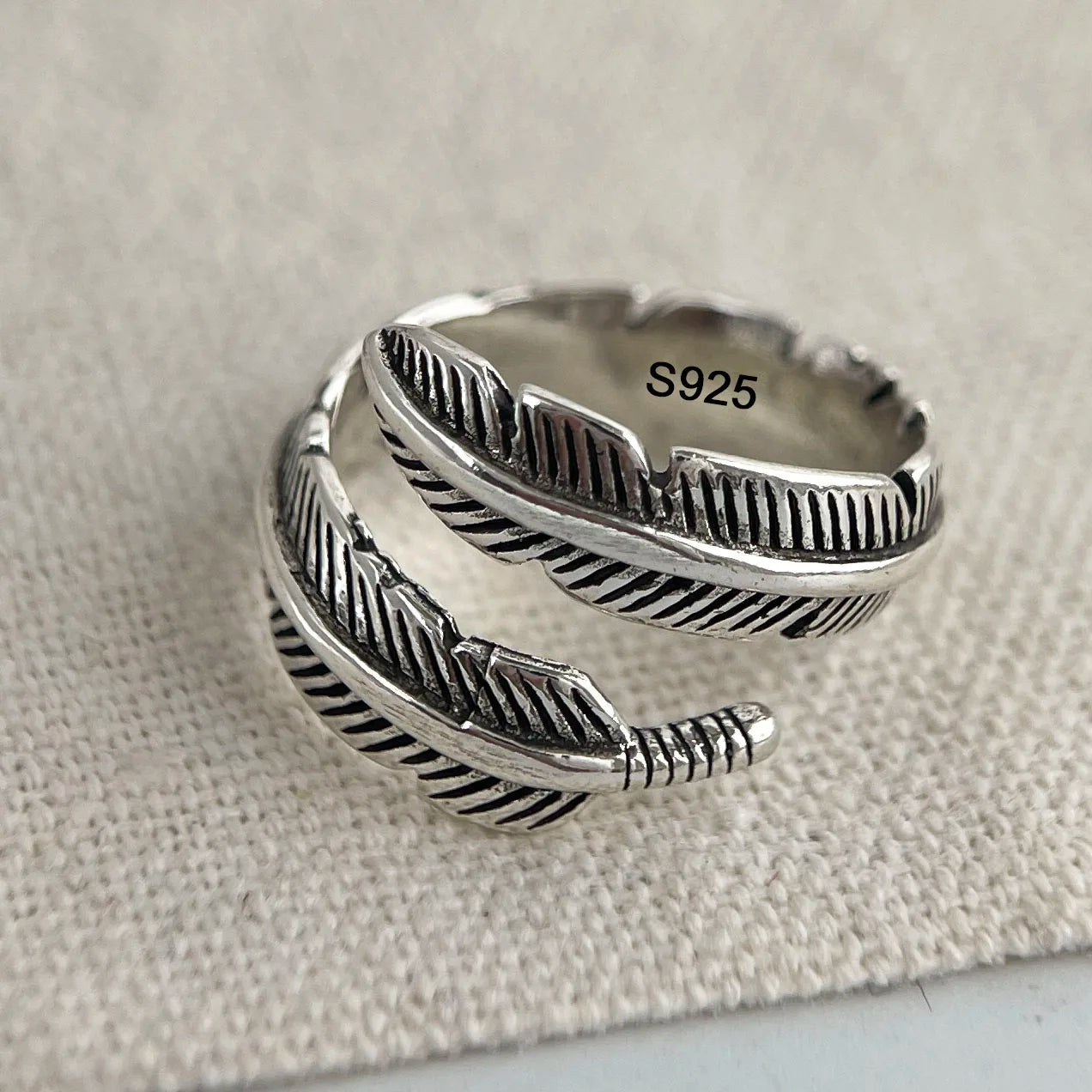 925 Sterling Silver Rings for Women Men Wide Vintage Feather Open Ring for Birthday Party Gift