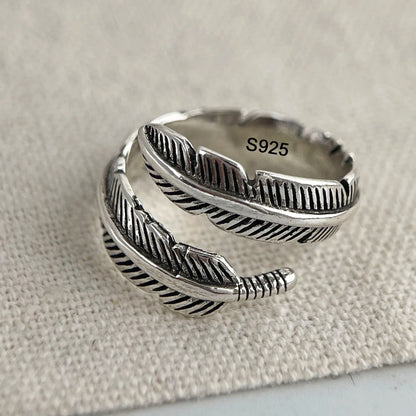 925 Sterling Silver Rings for Women Men Wide Vintage Feather Open Ring for Birthday Party Gift