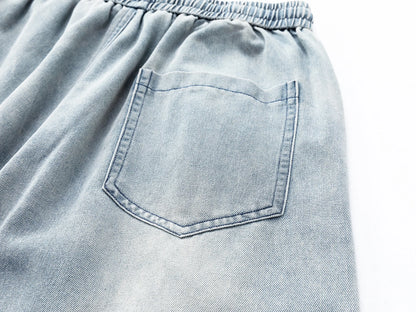 Menswear Baggy Jorts - Men'S Denim Shorts with Elastic Drawstring Waistband, Loose Fit, Knee-Length, plus Sizes, Casual Street Style for Spring Summer, Ideal for Workouts & Everyday Wear, Men'S Jorts, Oversize, Polyester, Clothes, Oversized