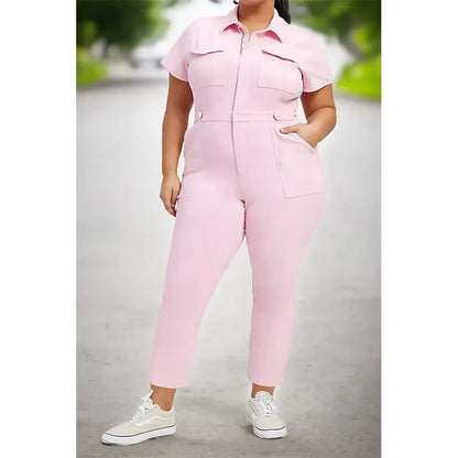 Fashion Jeans plus Size Denim Jump Suits for Women Slim Short Sleeve Turn down Collar Overalls Rompers Female One-Piece Pants