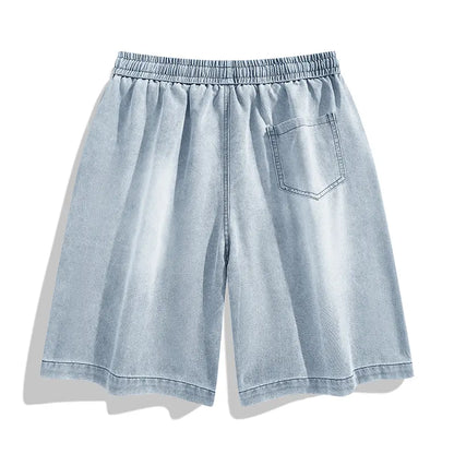 Menswear Baggy Jorts - Men'S Denim Shorts with Elastic Drawstring Waistband, Loose Fit, Knee-Length, plus Sizes, Casual Street Style for Spring Summer, Ideal for Workouts & Everyday Wear, Men'S Jorts, Oversize, Polyester, Clothes, Oversized