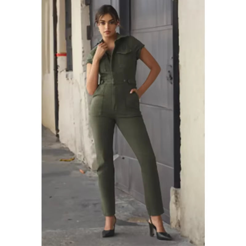 Fashion Jeans plus Size Denim Jump Suits for Women Slim Short Sleeve Turn down Collar Overalls Rompers Female One-Piece Pants